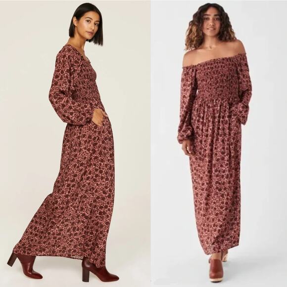 Faherty Susanna Smocked Dress Montserrat Floral Women XS Mauve BrownLongsleeve - Picture 1 of 15